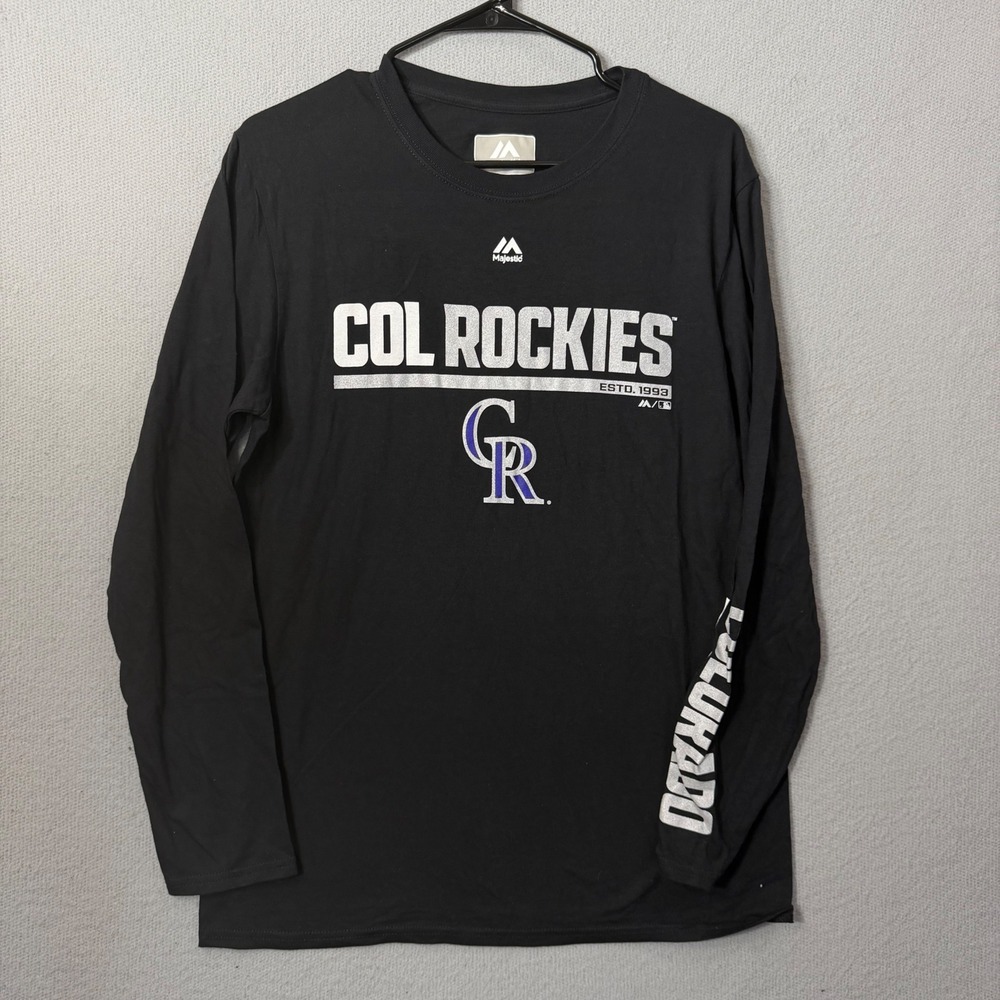 Majestic Colorado Rockies MLB Mens Medium Black Long Sleeve Graphic T-Shirt